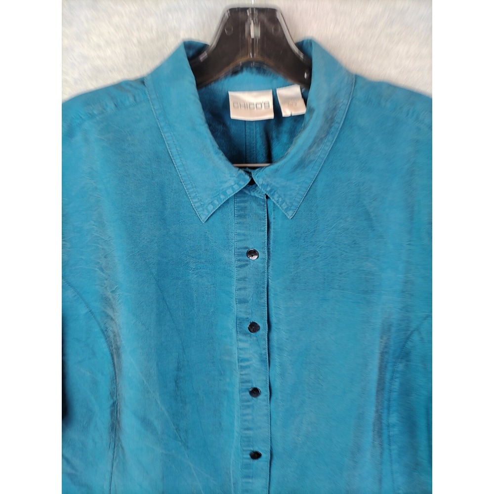 Chicos Womens Shirt Lage 3 Blue 100% Silk Vintage Retro Career Capsule Boxy - Picture 1 of 9
